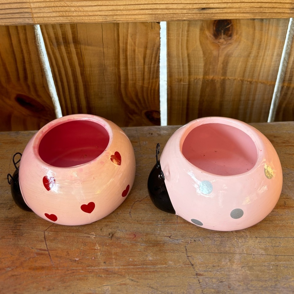 2 Rocket Farms Pink Lovebug Ladybug Mini Planters Silver Polka Dots & Red Hearts